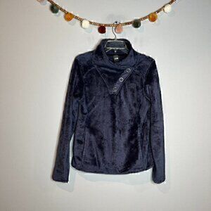 The North Face indigo Osito asymmetrical snap sweatshirt